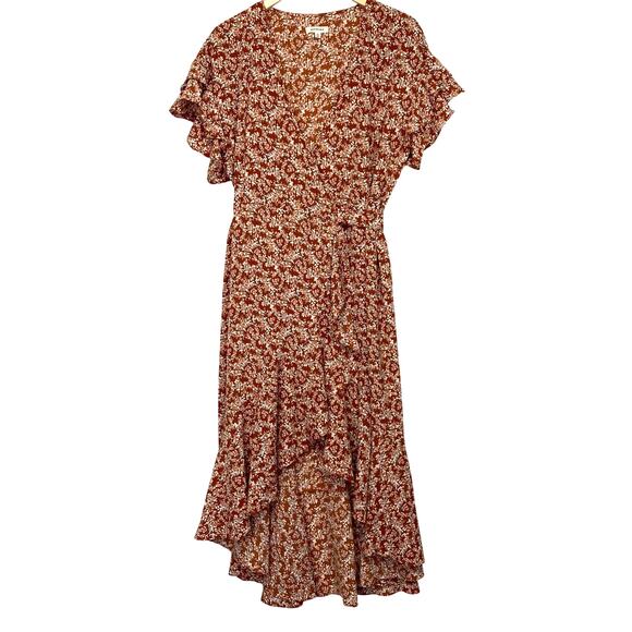 Max Studio Floral Maxi Wrap Dress Womens L Rust Red Boho Ruffles Cottagecore - Picture 2 of 10